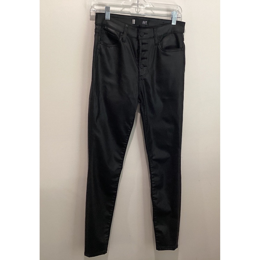 Kut from the Kloth Mia High Rise Skinny Coated Jeans Black Button Fly Size 4